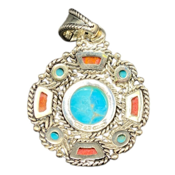 Turquoise Coral Round Charm Pendant Filigree Sterling Silver Crystal NK Thailand - Picture 3 of 8